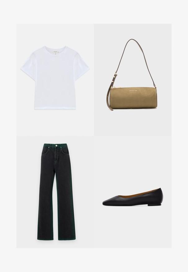 T-shirt blanc court en coton doux, avec un col rond et des manches courtes, d'ajustement légèrement décontracté. Pas de motifs ni d'accents.; Jean noir évasé avec des accents verts, en denim, présentant une taille haute, des poches avant et une fermeture à bouton en métal.; Chaussure plate en cuir noir à bout pointu avec talon bas et finition lisse, vue de côté sur un fond gris clair.; Sac à main cylindrique en cuir vert olive avec une fine sangle ajustable et un logo Michael Kors doré sur le devant.