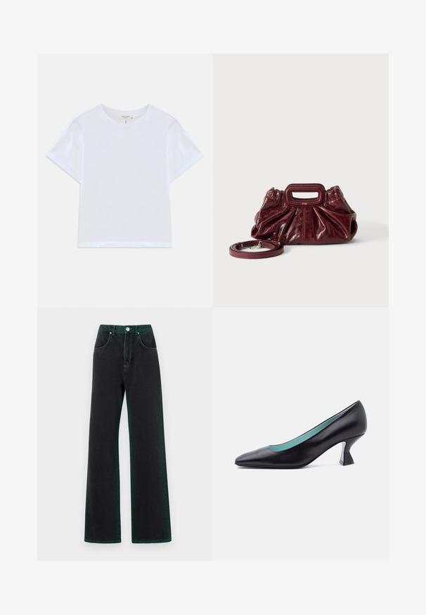 Witte cropped t-shirt van zacht katoen, met een ronde hals en korte mouwen in een iets ontspannen pasvorm. Geen patronen of accenten.; Zwarte jeans met wijde pijpen en groene accenten, gemaakt van denim, met een hoge taille, zijzakken en een metalen knopen sluiting.; Zwart leren pumps met een spitse neus, een lage, uniek gevormde blokhak en een lichtblauwe binnenvoering, afgebeeld tegen een effen witte achtergrond.; Kleine donkerrode leren handtas met geplooide textuur, rechthoekig handvat met uitsparing en afneembare schouderriem tegen een witte achtergrond.