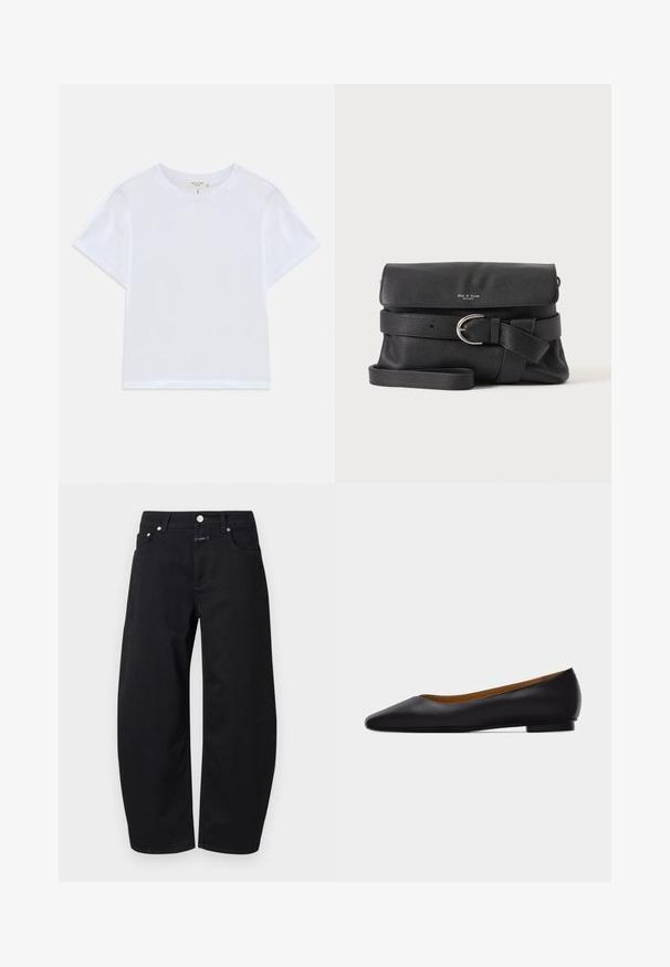 T-shirt blanc court en coton doux, avec un col rond et des manches courtes, d'ajustement légèrement décontracté. Pas de motifs ni d'accents.; CLOSED JAZZIE - Jean boyfriend - black; Chaussure plate en cuir noir à bout pointu avec talon bas et finition lisse, vue de côté sur un fond gris clair.; Sac bandoulière noir en cuir grainé avec fermeture à rabat, détail ceinture à boucle argentée et bandoulière réglable sur fond uni.