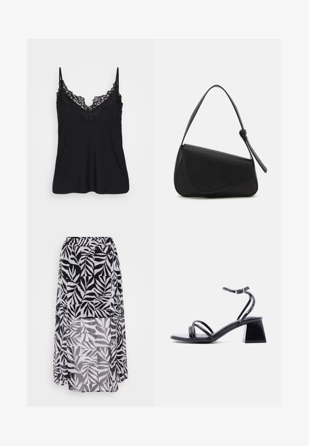 Camiseta negra sin mangas con encaje en el escote y en las tirantes; tejido suave con un diseño fluido para un ajuste relajado.; Falda de patrón de hojas en blanco y negro, hecha de un tejido ligero y texturizado, con cintura elástica y diseño de longitud de suelo.; Sandalia negra con tiras, abierta en la punta, con hebilla en el tobillo y tacón cuadrado, vista lateral sobre un fondo claro y liso.; Bolso de mano de cuero negro con forma triangular, tapa en ángulo y un asa superior redondeada. Presenta una textura suave y detalles de diseño minimalistas.