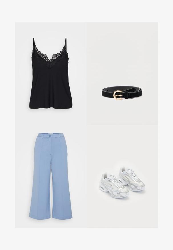 Zwarte camisole met kant langs de halslijn en de bandjes; zachte stof met een vloeiende ontwerp voor een relaxte pasvorm.; Even&Odd Petite Broek - light blue; Witte sportieve schoenen met een bovenwerk van mesh en zilveren accenten, in een unieke vorm en met luchtkussen in de hiel. Gespannen ontwerp met logo.; Zwarte suède riem met een slank profiel, voorzien van een gespsluiting in goudkleurig metaal. Gladde textuur met minimale stikdetails.