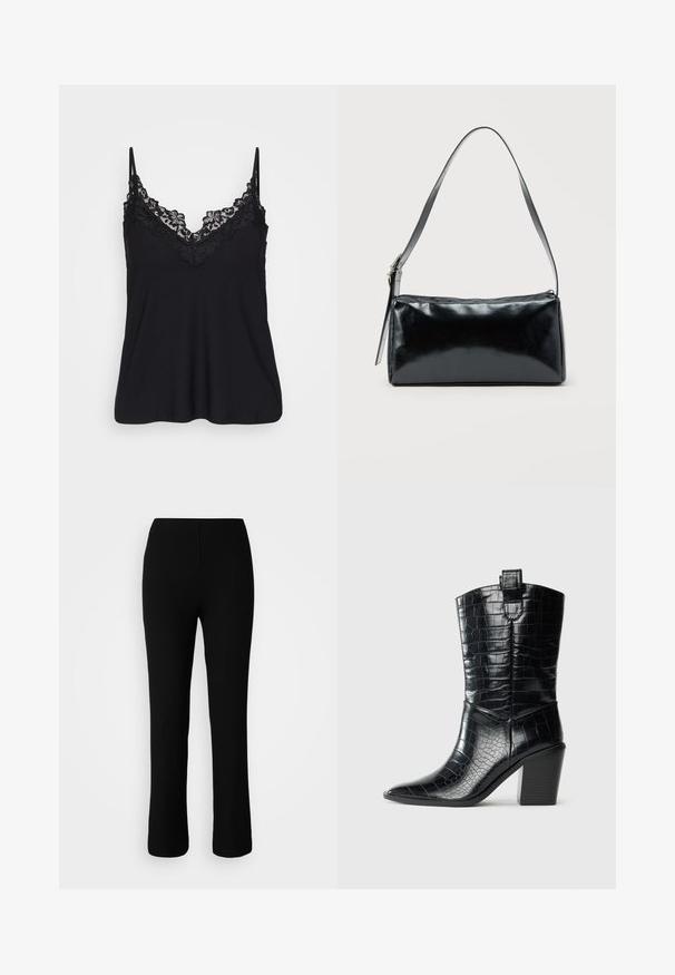 Camisole noire avec dentelle le long de l'encolure et des bretelles ; tissu doux avec un design fluide pour un ajustement décontracté.; Pantalons en maille côtelée noire avec une taille élastique, présentant une silhouette ajustée, des jambes droites et une texture subtile.; Botte western noire midi avec bouts pointus, talon carré, et texture en cuir verni gaufré crocodile sur fond blanc.; Sac d'épaule rectangulaire noir avec une sangle réglable unique et une fermeture éclair supérieure sur un fond uni.