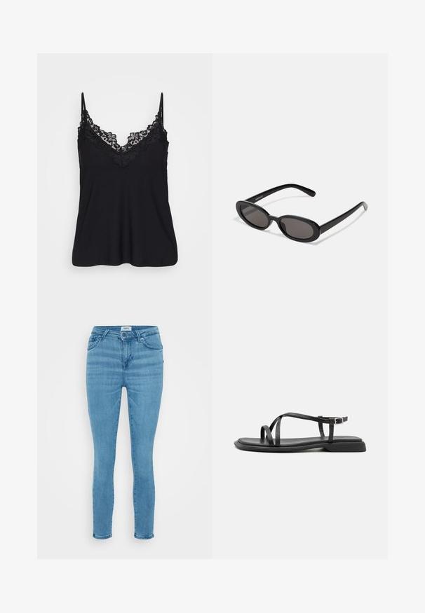 Zwarte camisole met kant langs de halslijn en de bandjes; zachte stof met een vloeiende ontwerp voor een relaxte pasvorm.; Lichtblauwe skinny jeans van denim met een gladde textuur, traditionele vijf-pocket stijl en een knoopsluiting. Eenvoudige en klassieke snit.; Zwarte platte sandalen met dunne verstelbare bandjes, rechthoekige teenpost en een gestructureerde matte afwerking. Voorzien van een lage, licht vierkante hak.; Even&Odd Zonnebril - black