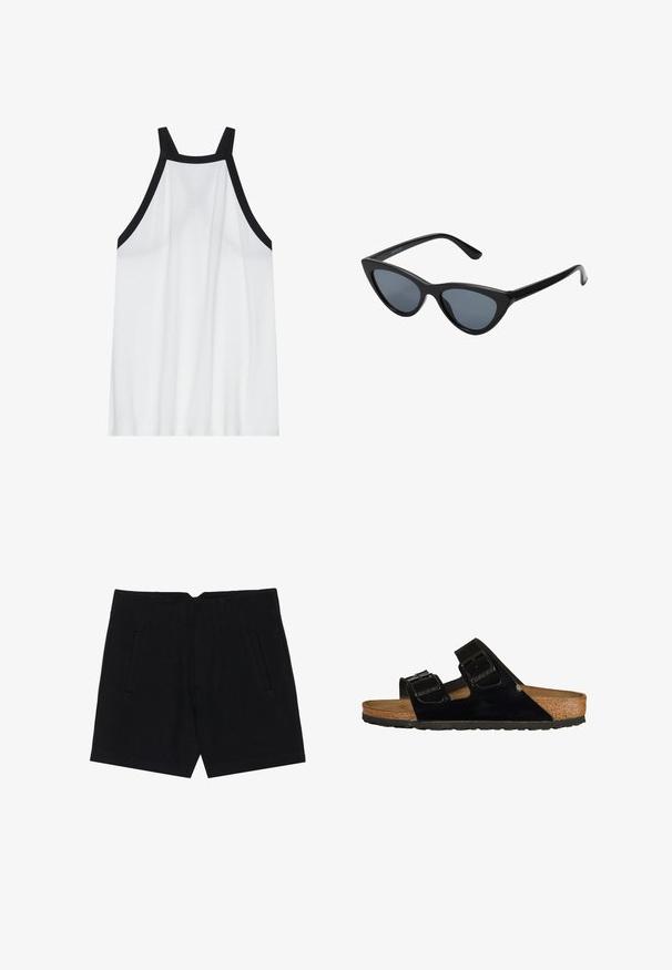 Camiseta sin mangas blanca con cuello alto; presenta tirantes de acento negros. Tejido suave y ligero con un ajuste holgado.; Pantalones cortos negros de tejido suave, con bolsillos laterales, un ajuste entallado y pliegues estructurados en la parte frontal para una silueta limpia.; Sandalias de charol negro con dos correas ajustables, plantilla de corcho y suela de goma, que presentan una textura suave y un diseño minimalista.; Gafas de sol negras en forma de ojo de gato con lentes gris oscuro, marco de plástico elegante, esquinas puntiagudas y patillas rectas. Sin herrajes ni acentos visibles.