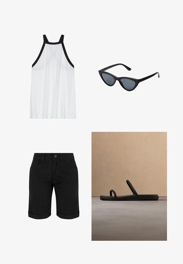 Hvid udenærmet tanktop med høj krave; har sorte accentstropper. Glat, letvægtsstof med en afslappet pasform.; Sorte bomuldsshorts med knaplukning, der har opsmøg, to frontlommer og en glat tekstur.; Sort Crocs-sandal med minimalistiske dobbelte stropper svævende over beige tæppe i et neutralt farvet rum med blødt møblement i baggrunden.; Sorte katteøje solbriller med mørkegrå linser, slankt plastisk stel, spidse hjørner og lige stænger. Ingen synlig hardware eller dekorationer.
