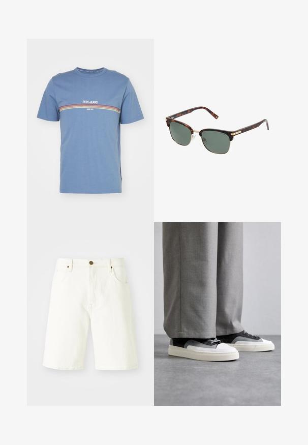 Blå bomulds T-shirt med rund hals, korte ærmer og vandrette flerfarvede striber med tekst: "PEPE JEANS SINCE 1973."; Hvide denimshorts med lige snit, klassisk fem-lomme design og kobberknaplukning. Glat tekstur og kantede kanter.; Filling Pieces RIVIERA - Sneakers - grey; Skildpaddemønstrede solbriller med grønne linser, metalliske detaljer og rektangulær form. Funktioner inkluderer justerbare næsestøtter og en blank finish.
