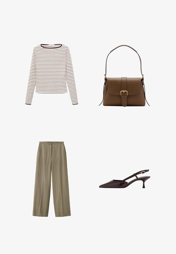 Chemise à manches longues de couleur crème avec des fines Rayures noires horizontales et un bord foncé au niveau de l'encolure ronde et des poignets.; Pantalon marron clair à jambes droites avec une devant plat, des poches latérales et une fermeture éclair avant dissimulée.; Escarpin slingback en cuir verni marron foncé avec un bout pointu, un petit talon kitten et une sangle ajustable avec boucle dorée.; Sac à bandoulière en cuir marron avec rabat avant et boucle dorée, disposant d'une bandoulière réglable avec ferrures dorées sur fond blanc.