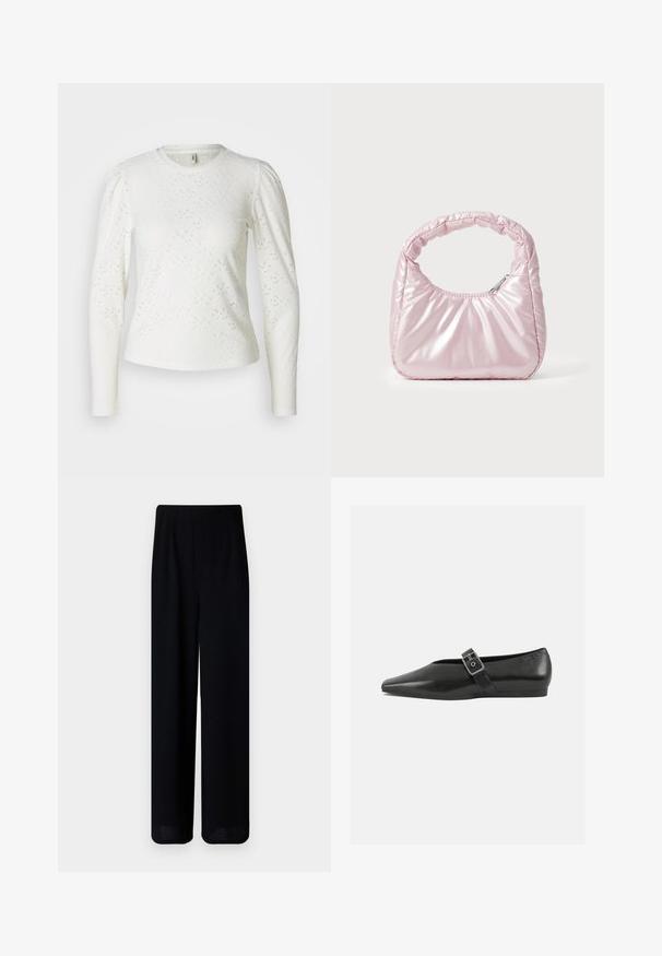 Weißes Langarmhemd aus strukturiertem Stoff mit einem subtilen Ösenmuster und geraFFten Schultern. Runder Halsausschnitt und figurbetonte Passform.; Vero Moda Petite VMLIVA SUPER WIDE PANTS - Stoffhose - black; Schwarze Lederflachschuhe mit spitzem Zehenbereich, ausgestattet mit einem metallischen Riemen über dem Spann und einer niedrigen, flexiblen Sohle.; Rosa, gepolsterte Handtasche mit abgerundeter Form, aus glänzendem Material gefertigt. Verfügt über einen gerafften Griff und einen Reißverschluss für sicheren Zugang.