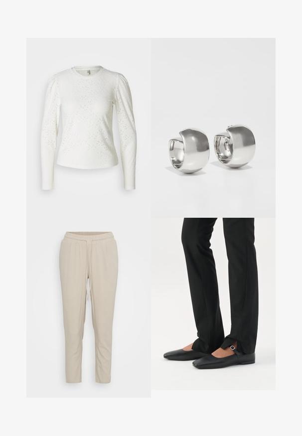 Hvid skjorte med lange ærmer i struktureret stof, der har et subtilt hulmønster og samlet skulderdetalje. Rund udskæring og tætsiddende form.; Vero Moda Petite VMJESMILO ANKLE PANTS - Bukser - silver lining; Ben iført sorte smalle bukser med forreste slidser ved kanten, parret med sorte flade Mary Jane-sko med lille spænde.; Uncommon Matters SCULPTURAL LARGE CREOLE - Øreringe - silver-coloured