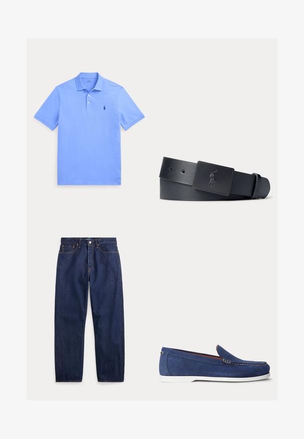 Lichtblauw poloshirt met korte mouwen, kraag, twee witte knopen en een klein donker geborduurd logo op de linkerborst.; Donkerblauwe denim jeans met rechte pijpen, vijf zakken, knoopsluiting en zichtbare stiksels.; Blauwe suède loafer met witte zool en beige stiksels langs de bovenrand, afgebeeld tegen een effen witte achtergrond.; Zwarte leren riem met een zwarte rechthoekige gesp met een geperst polo-speler logo.