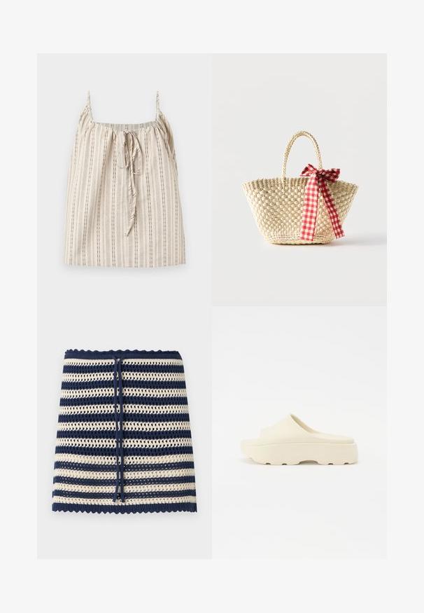Haut beige sans manches avec fines rayures verticales noires et un lien noué à l'avant au niveau de l'encolure carrée, présenté sur un fond clair.; Jupe tricotée à rayures horizontales bleu marine et crème, bords festonnés et lien à cordon bleu marine à la taille.; Sandale beige à enfiler avec une surface lisse de type caoutchouc, un bout arrondi, une semelle épaisse et un fond texturé pour une bonne adhérence. Design minimaliste.; Sac cabas en paille tissée avec des poignées tressées et un ruban à carreaux rouge et blanc noué en un nœud d'un côté.