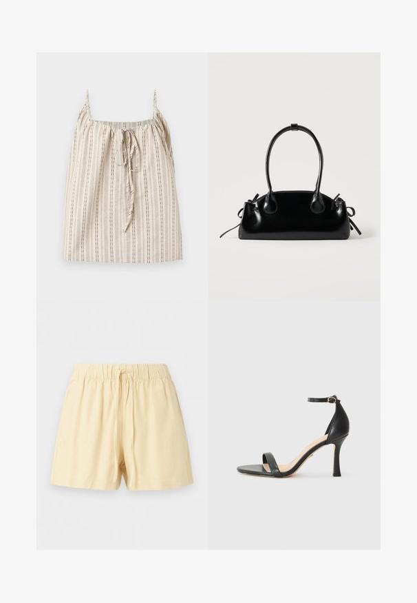 Haut beige sans manches avec fines rayures verticales noires et un lien noué à l'avant au niveau de l'encolure carrée, présenté sur un fond clair.; Shorts beige en coton avec taille élastique et cordon à l'avant, conçus pour un usage décontracté.; Sandale à talons hauts en cuir noir avec une fine bride de cheville, bout ouvert et un talon élégant et courbé. Semelle texturée et design minimaliste.; Petit sac à main noir brillant avec deux longues anses et des détails à cordon sur les côtés sur un fond clair uni.
