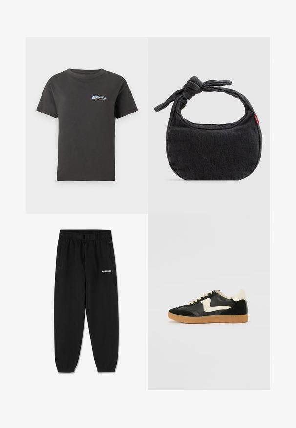 T-shirt en coton noir avec un col rond et des manches courtes. Présente un logo floral coloré au niveau de la poitrine gauche. Coupe classique.; Pantalons de survêtement noirs en tissu doux, avec une taille à cordon de serrage, des jambes fuselées et des poches latérales. Logo "PEGADOR" en blanc sur le devant.; Baskets en daim et cuir noir avec un swoosh latéral crème et un talon crème clair. Dotées de lacets beige et d'une semelle en caoutchouc gomme.; Petit sac d'épaule en denim noir avec une sangle nouée et une fermeture éclair, arborant une étiquette en tissu rouge Levi's sur le côté.