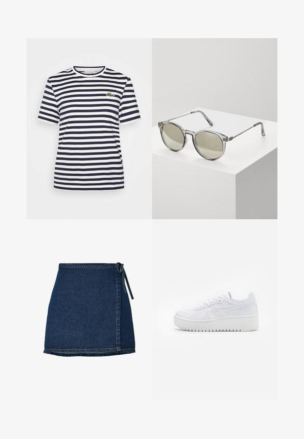 Marineblauwe en witte gestreepte T-shirt van katoen, met een ronde hals en een klein groen geborduurd krokodillenlogo op de borst.; Denimrok met een wikkelontwerp, donkerblauwe kleur en een gestrikt midden. Bevat stikdetails langs de zoom en de zijnaad.; Witte platform sneakers met een gladde leertextuur, geperforeerde details en platte veters; voorzien van een dikke witte rubberen zool.; Ronde zonnebrillen met transparante grijze monturen en grijs-getinte lenzen. Metalen accenten op de veren en gebogen armen voor stabiliteit.