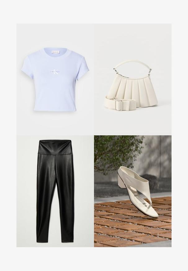 Lyseblå cropped t-shirt med korte ærmer, ribbet struktur og en hvid trykt logo, der står "Calvin Klein" på forsiden.; Sorte leggings i faux læder med høj talje, der har en glat tekstur og en tætsiddende silhuet, der strækker sig ned til anklerne.; Hvid læderhæl sandal med bred rem og tåpost, vist udendørs på en overflade med træ og grusfliser med grønt i baggrunden.; Hvid plisseret håndtaske med kort håndtag og en bred aftagelig tekstureret skulderrem med sølvspænde.