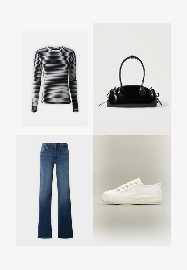 Langarmshirt in zwart-witte horizontale strepen, met een ronde halslijn en geribbelde textuur. Gemaakt van rekbaar materiaal.; Blauwe high-waist jeans met rechte pijpen, knoop- en ritssluiting, voor- en achterzakken, getoond op een effen lichte achtergrond.; Witte lage sneaker met dikke geribde zool, veters aan de voorkant en trek-lus aan de hiel tegen een neutrale achtergrond.; Kleine zwarte glanzende handtas met twee lange hengsels en zijkant trekkoord details op een effen lichte achtergrond.