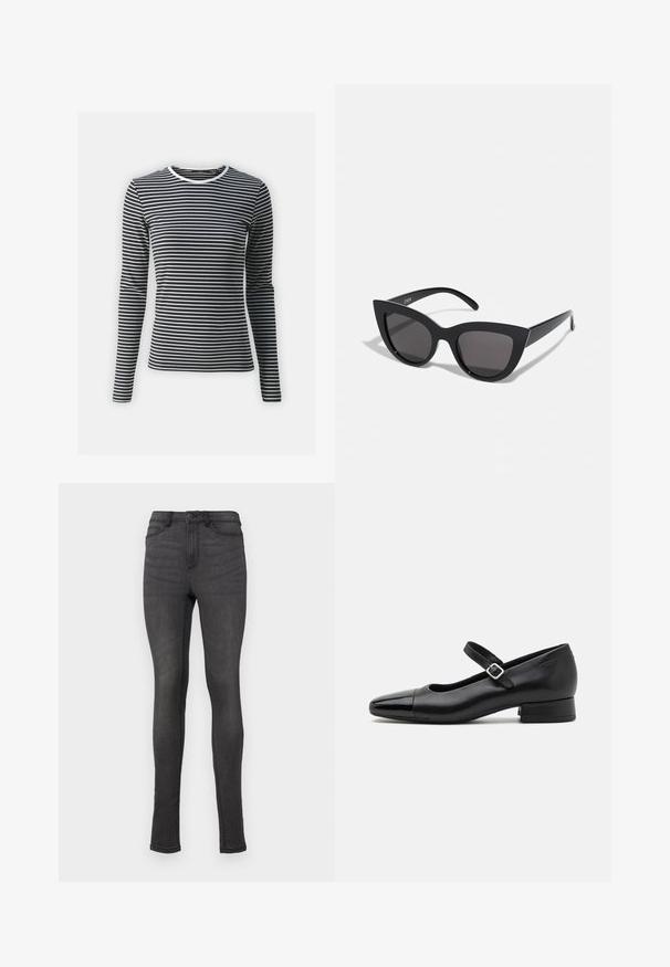 Langarmshirt in zwart-witte horizontale strepen, met een ronde halslijn en geribbelde textuur. Gemaakt van rekbaar materiaal.; Skinny jeans van donkergrijze denim, met een hoge tailleband, riemlussen en een enkele knoopsluiting. Geen zichtbare slijtage of patronen.; Zwarte leren Mary Jane schoenen met een gepatenteerde neus, verstelbare enkelband en lage blokhak. Een gladde textuur en een elegante uitstraling.; Zwarte cat-eye zonnebril met een matte afwerking, voorzien van grijs getinte glazen, scherpe hoeken en slanke zijarmen. Merkennaam zichtbaar op de binnenarm.