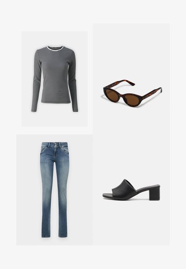 Langärmliges Oberteil in schwarz-weiß mit horizontalen Streifen, mit Rundhalsausschnitt und geripptem Textur. Aus dehnbarem Stoff gefertigt.; Hellblaue Denim-Jeans mit geradem Bein, zwei Vordertaschen, einem verblassten Finish und einem kleinen, beschädigten Detail am rechten Oberschenkel.; Schwarze Leder-Mules mit Blockabsatz und offenem Zehenbereich, mit einer glatten Oberfläche und einem leicht geschwungenen Schaft für Komfort und Stil.; Braune Schildpatt-Sonnenbrille mit einer Vintage-Cat-Eye-Form und braunen Gläsern. Verfügt über gebogene Bügel mit roten Akzenten.