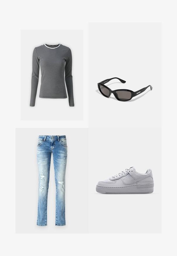 T-shirt à manches longues en rayures horizontales noires et blanches, avec un col rond et une texture côtelée. Fabriqué en tissu extensible.; Jeans en denim bleu clair avec une coupe décontractée, présentant des détails usés, une braguette à boutons avec deux boutons et des jambes droites.; Basket en cuir lisse gris Nike Air Force 1 avec un bout perforé, une semelle épaisse et un détail 'AIR' en relief sur le talon.; Lunettes de soleil noires avec une monture rectangulaire, des verres sombres, un matériau plastique lisse et un accent métallique sur la branche.