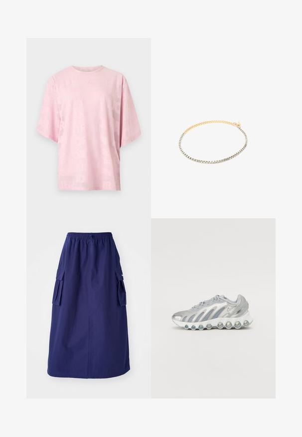 Lyserød t-shirt med korte ærmer og rund hals, diskret mønstret med præget tekst over det hele og et lille hævet logo midt på brystet.; Marineblå, mellemlang nederdel med elastisk talje, der har to sidelommer og et minimalistisk logodesign. Glat stofstruktur.; Sølv- og grå sportsko med en mesh-overdel, buet design og en unik rund sål med gennemsigtige stødabsorberende elementer.; Guld- og sølvfarvet armbånd med skiftevis rektangulære led, der har en glat finish og en krabbe-lås til sikker lukning.