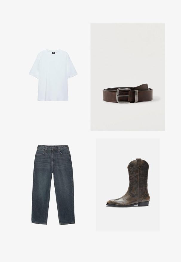 Hvid, oversized T-shirt med korte ærmer og rund halsudskæring, med en sort etiket inde i kraven på en hvid baggrund.; Mørkeblå denimjeans med lige ben, fem lommer, bæltestropper og subtilt slid på materialet. Syede forkantdetaljer.; Brune læder cowboystøvle med en høj skaft, spids tå, intrikate syning mønstre og en lille hæl. Struktureret finish hele vejen igennem.; Mørkebrunt læderbælte med sølv rektangulært spænde, rullet og placeret mod en lys neutral baggrund.