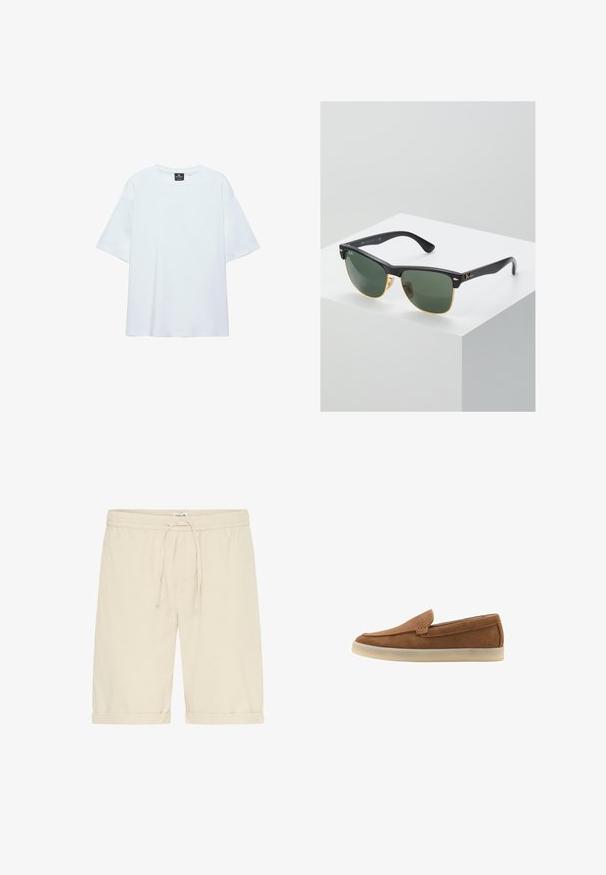 T-shirt blanc uni oversize à manches courtes avec col rond et étiquette noire à l'intérieur du col sur fond blanc.; Short beige en coton avec taille élastique et cordon de serrage. Ourlets retournés et texture lisse, présentant des détails de design minimalistes.; Mocassin slip-on en daim marron avec semelle en caoutchouc beige et détails de couture minimalistes, présenté de côté sur fond blanc.; Lunettes de soleil Ray-Ban avec des verres verts, monture en plastique noir et accents dorés sur les bords. Forme carrée avec une finition mate.