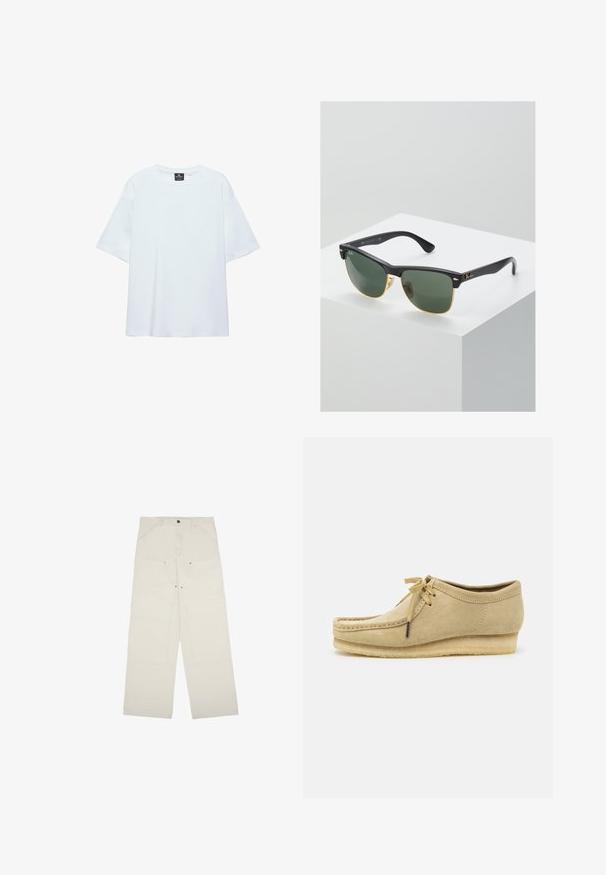 T-shirt blanc uni oversize à manches courtes avec col rond et étiquette noire à l'intérieur du col sur fond blanc.; Pantalons larges beige clair en coton, dotés de poches avant, d'une fermeture à un bouton et de détails de couture visibles.; Chaussure en daim beige avec un design à lacets, des détails cousus et une semelle en caoutchouc. La forme est décontractée avec un léger talon compensé.; Lunettes de soleil Ray-Ban avec des verres verts, monture en plastique noir et accents dorés sur les bords. Forme carrée avec une finition mate.