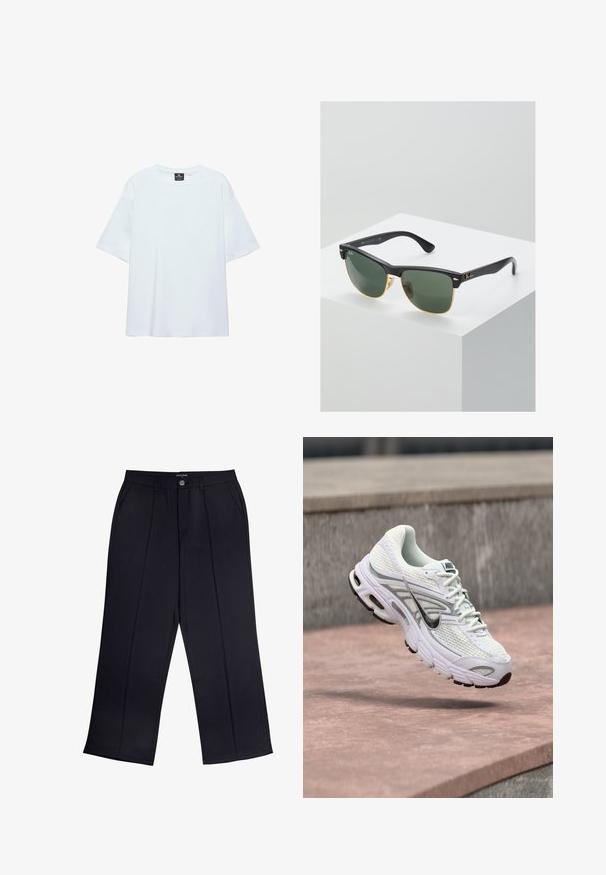 Effen witte oversized T-shirt met korte mouwen, ronde halslijn en een zwart label aan de binnenkant van de kraag, op een witte achtergrond.; Zwarte wijde broek van gladde stof met een ritssluiting, knoopsluiting en zijzakken. Opvallende plooien langs elke pijp.; Witte en grijze Nike hardloopschoen die in de lucht zweeft boven roodbruin asfalt, met vage betonnen trappen op de achtergrond.; Ray-Ban zonnebrillen met groene lenzen, zwarte plastic monturen en gouden accenten aan de randen. Vierkante vorm met een matte afwerking.