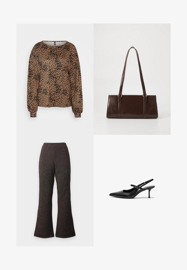 Suéter marrón de manga larga con estampado de leopardo negro, escote ancho y puños elásticos. Tejido suave y texturizado con un corte relajado.; Pantalones negros acampanados hechos de un tejido texturizado con un diseño de punto, que cuentan con una cintura alta y piernas anchas.; Zapatos de tacón slingback de cuero negro con punta afilada, correa ajustable delgada y un tacón de aguja de aproximadamente 5 cm, textura suave.; Bolso de mano de piel sintética marrón con forma rectangular, dos asas largas y sutiles acentos curvados en la parte delantera.