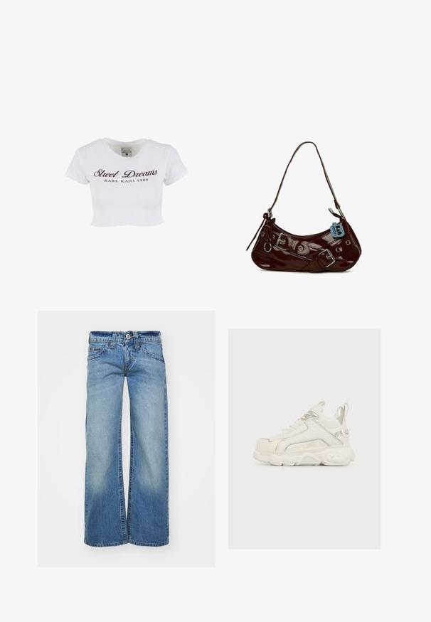 Weißes, kurz geschnittenes T-Shirt aus Baumwolle. Mit rundem Ausschnitt und kurzen Ärmeln sowie den Aufdrucken "Street Dreams" und "KARL KANI 1989" in Dunkellila.; Hellblaue weit geschnittene Jeans aus Denim-Stoff mit einer ausgewaschenen Optik, fünf Taschen und einem Knopfverschluss mit Gürtelschlaufen.; Weißer klobiger Sneaker mit silbernen Akzenten, dicker strukturierter Sohle, Schnürdesign und Zuglaschen an Ferse und Zunge, Seitenansicht vor einfarbigem Hintergrund.; Bordeauxfarbene Lacklederhandtasche mit geschwungener Form, silbernen Hardware-Details und einer dekorativen Schnalle. Verfügt über einen kurzen Tragegurt und einen Reißverschluss.