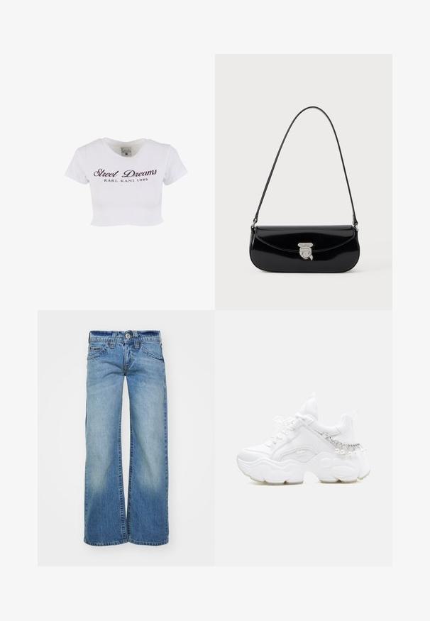 Witte cropped t-shirt gemaakt van katoen. Heeft een ronde hals en korte mouwen met de tekst "Street Dreams" en "KARL KANI 1989" gedrukt in donkerpaars.; Lichtblauwe wijdvallende jeans van denim, met een vervaagde wassing, vijf zakken en een knoopsluiting met lussen voor een riem.; Witte chunky sneaker met dikke zool, veters aan de voorkant en kettinkdetail met hangende parels op de hiel.; Kleine zwarte lakleren handtas met een dunne schouderband en een zilveren sluiting met een gestileerd gezichtsembleem.