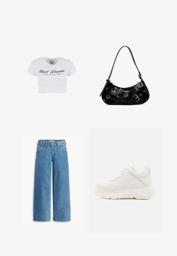 Weißes, kurz geschnittenes T-Shirt aus Baumwolle. Mit rundem Ausschnitt und kurzen Ärmeln sowie den Aufdrucken "Street Dreams" und "KARL KANI 1989" in Dunkellila.; Hellblau weite Jeans aus Denim, mit hoher Taille, fünf Taschen und einem klassischen Knopfverschluss. Gerader Schnitt vom Oberschenkel bis zum Saum.; Weißer klobiger Sneaker mit dicker Sohle, Schnürdesign und "Buffalo" Branding an der Seite und Ferse.; Schwarze Lackleder-Handtasche mit geschwungener Form, ausgestattet mit silbernem Beschlag, dekorativen Schnallen und einem kurzen Griff. Blaue Anhängeschild befestigt.