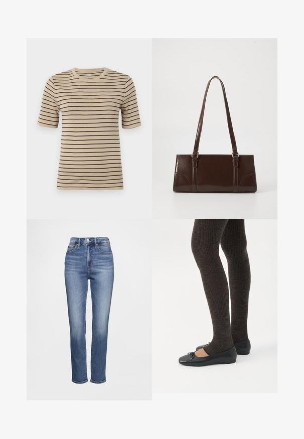 Beige kortærmet t-shirt med sorte vandrette striber. Har en rund hals og en blød, glat tekstur.; Højtaljede blå jeans lavet af denim med et klassisk design med fem lommer, diskrete whiskering-detaljer og et lige ben-snit.; Ben iført mørke ribbede leggings kombineret med sorte balletsko med små sløjfedetaljer på hvid baggrund.; Brun lakeret håndtaske med rektangulær form, to lange håndtag og subtile buede detaljer på fronten.
