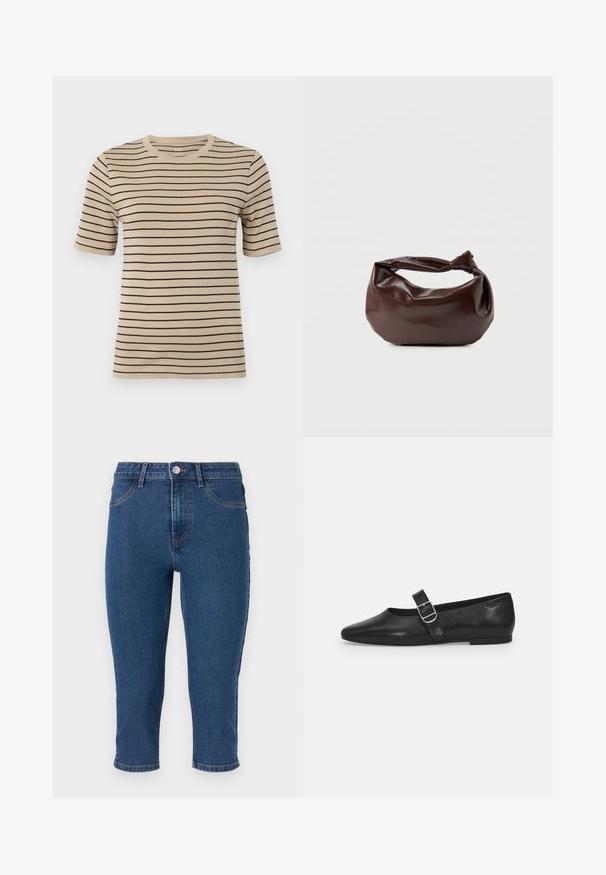 Beige kortærmet t-shirt med sorte vandrette striber. Har en rund hals og en blød, glat tekstur.; Mørkeblå denim capri bukser med høj talje, fem lommer og kontrastsytrådet. Har en enkelt metalknap og let indsnævring ved kanten.; Sorte læder flade sko med rund tå, et enkelt justerbart spænde og en glat, blank overflade. Minimalistisk design med en lav hæl.; Mørkebrun læder skuldertaske med en blød, afslappet form og et snoet knudehåndtag på en ensartet hvid baggrund.