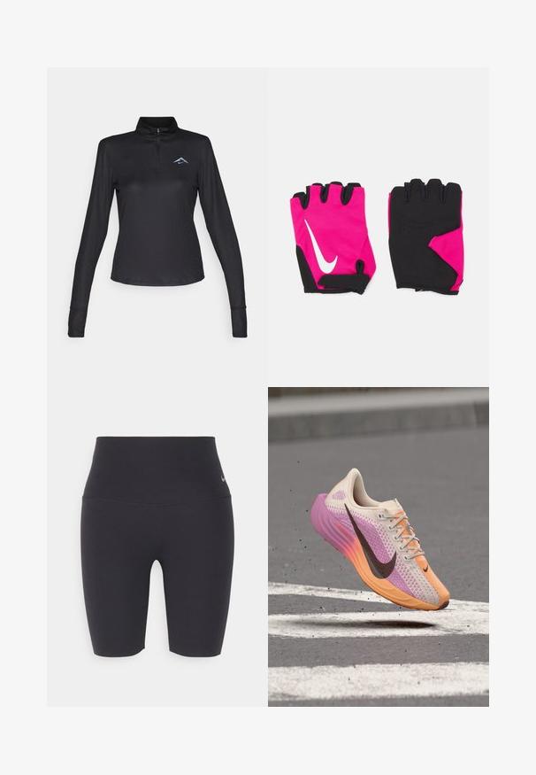 Zwarte langetermijn pullover met lange mouwen, hoge kraag, kwart-rits en subtiel lichtblauw logo op de borst. Gemaakt van gevarieerd, ademend materiaal.; Zwarte sportieve fietsbroek van rekbaar materiaal, met een hoge tailleband, een gladde textuur en een klein logo op de linkse heup.; Lichte hardloopschoen met een roze, oranje en beige verloopgebreide stof, zwarte Nike-swoosh, zwevend boven ruw asfalt met witte wegmarkeringen.; Korte roze handschoenen met zwarte accenten, voorzien van een wit Nike-logo, gewatteerde palmen en een vingerloos ontwerp voor verbeterde grip en flexibiliteit.