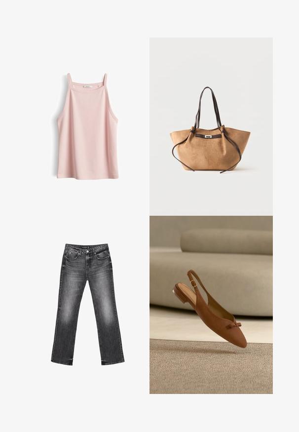 Hellrosa ärmelloses Top mit dünnen Schulterträgern und hohem Ausschnitt, flach auf weißem Hintergrund dargestellt.; Schwarze Denim-Jeans mit geradem Bein, verblasstem Design und fünf Taschen. Mit Gürtelschlaufen und Reißverschluss.; Brauner Wildleder-Slingback-Flachschuh mit einer kleinen Schleife am Zehenbereich und goldener Schnalle, dargestellt vor einem beigen Sofa- und Teppichhintergrund.; Hellbraune Wildleder-Shopper-Tasche mit langen dunkelbraunen Ledergriffen und dekorativem Riemendetail vorne vor weißem Hintergrund.