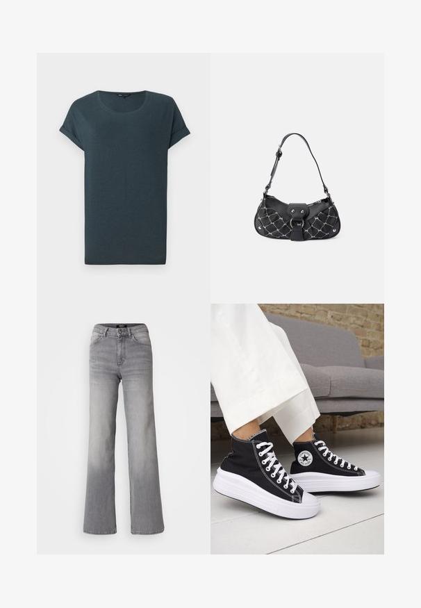 Dunkelgraues T-Shirt mit kurzen Ärmeln und Rundhalsausschnitt, weicher Textur und umgeschlagenen Ärmeln, mit einem einfachen, schlichten Design.; Hochtaillierte graue Denim-Jeans mit geradem Bein, Frontknopf und Reißverschluss, Vorder- und Gesäßtaschen sowie ausgewaschenen Schattierungen an Oberschenkeln und Waden.; Schwarze High-Top-Sneaker mit weißen Gummisohlen und Schnürsenkeln. Verfügt über ein rundes Logo-Patch und kontrastierende weiße Nähte. Aus Canvas-Material.; Schwarze Handtasche mit gestepptem Muster, ausgestattet mit silbernem Metall, in geschwungener Form und einem einzigen verstellbaren Riemen. Mit einem Reißverschlussverschluss oben.