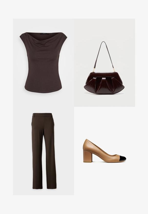 Top ajustado sin mangas de color marrón oscuro con escote drapeado sobre un fondo blanco.; Pantalones marrón oscuro de pierna recta con trabillas para cinturón, bolsillos laterales y un diseño frontal limpio sobre un fondo claro y liso.; Zapato de tacón de cuero beige con punta redondeada y una capa de charol negro, que cuenta con un tacón cuadrado y una textura suave.; Bolso de cuero marrón oscuro con pliegues fruncidos, herrajes dorados y una correa de hombro única sobre un fondo claro y liso.