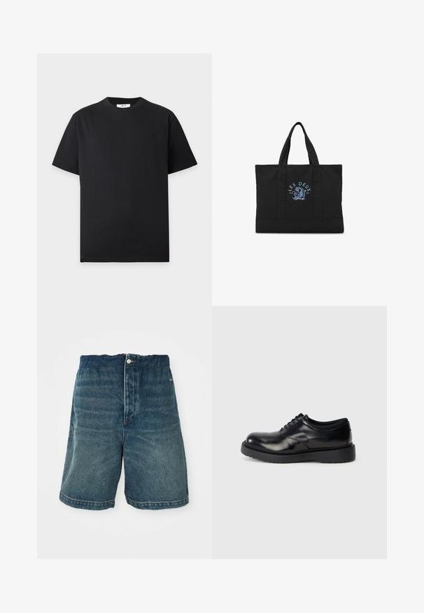 Camiseta lisa negra de manga corta con cuello redondo y una pequeña etiqueta blanca dentro del cuello sobre un fondo gris claro.; Pantalones cortos de mezclilla en azul oscuro con un ajuste holgado, que cuentan con un cierre de botón y costuras visibles a lo largo del dobladillo y los bolsillos.; Zapato negro de cuero con cordones, punta redondeada, superficie lisa y suela de goma gruesa con surcos sutiles para tracción.; Bolsa tote negra con dos asas y texto azul "Les Deux" sobre un diseño gráfico azul en el centro delantero.