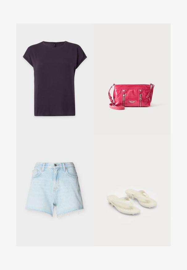 T-shirt violet foncé à manches courtes avec manches retroussées et encolure ronde, présenté sur un fond uni clair.; Short en denim bleu clair avec ourlet effiloché, style cinq poches, passants pour ceinture et fermeture à bouton métallique sur la ceinture avant.; Sandales thong crème de Puma avec de petits talons et des semelles rembourrées, dotées de logos dorés de Puma sur les brides.; Petit sac bandoulière rose brillant avec deux poches verticales zippées et une bandoulière réglable, présenté sur un fond uni.
