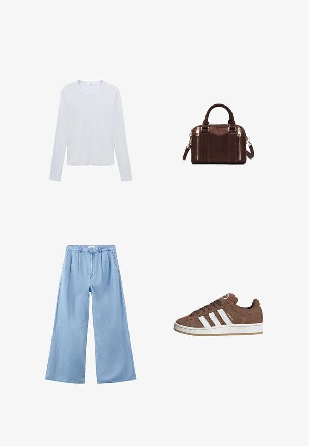 Wit katoenen T-shirt met lange mouwen, ronde hals, rechte zoom en minimale stiksels, plat liggend op een witte achtergrond.; Lichtblauwe wijde denim broek met plooien aan de voorkant, zijzakken en een tailleband met riemlussen.; Bruine suède sneaker met witte leren strepen, rubberen zool, ronde neus en vetersluiting. Kenmerkt zich door een logo op de tong en geperforeerde accenten.; Bruine rechthoekige leren handtas met twee handvatten, twee verticale voorvakken met rits en een afneembare schouderriem.