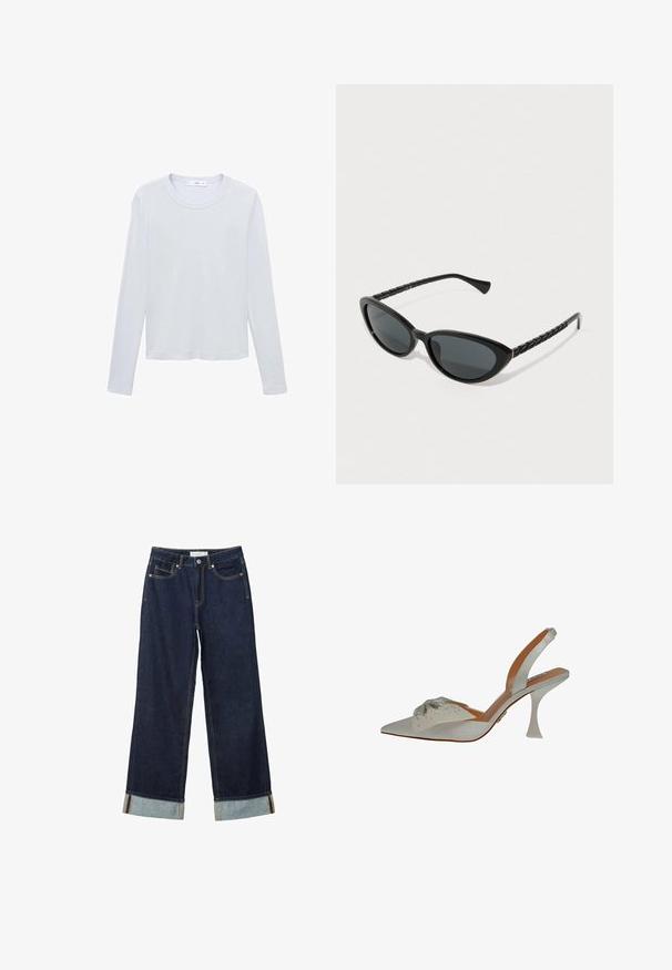 T-shirt blanc en coton à manches longues avec encolure ronde, ourlet droit et coutures minimales, posé à plat sur fond blanc.; Jean large bleu foncé à taille haute, avec des ourlets roulés, des coutures contrastées et un design à cinq poches. Fabriqué en tissu en denim.; Chaussure slingback en satin blanc, à bout pointu, ornée de perles argentées. Présente un talon fin et transparent, ainsi qu'un détail décoratif texturé sur le dessus.; Des lunettes de soleil noires en forme d'œil de chat avec des verres teintés sombres, présentant des branches noires texturées et un subtil accent doré sur la monture.