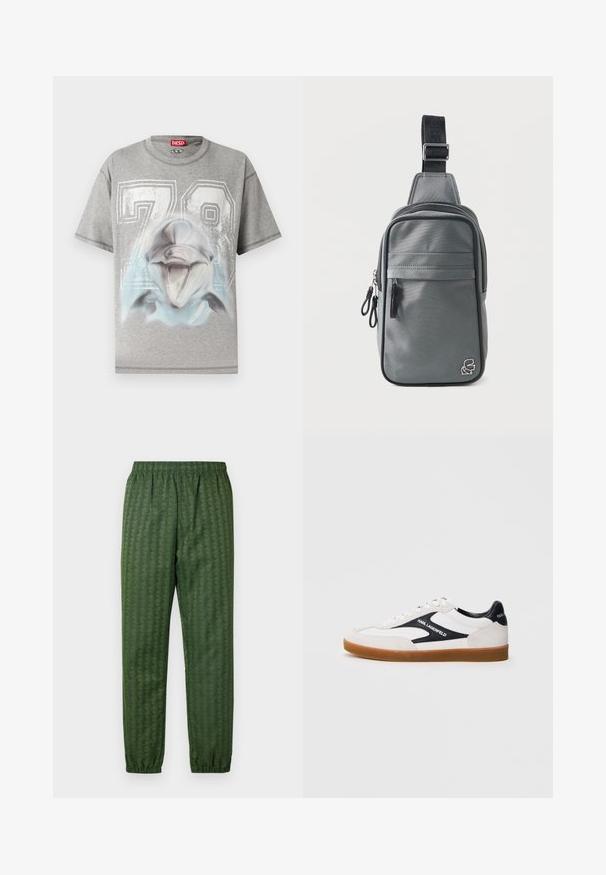 Camiseta de manga corta gris con un gran número "78" blanco y un gráfico detallado de una cabeza de delfín sonriente en el frente.; Pantalones deportivos verdes con estampado, cintura elástica, piernas ajustadas y un diseño geométrico en toda su superficie. Hechos de un material ligero.; Zapatilla blanca con acentos negros, materiales de ante y cuero, puntera reforzada, suela de goma, con el logotipo "Karl Lagerfeld" en el lateral.; Bolso bandolera gris compacto con correa negra ajustable, bolsillo delantero con cremallera y pequeño emblema de logo en la esquina inferior derecha.