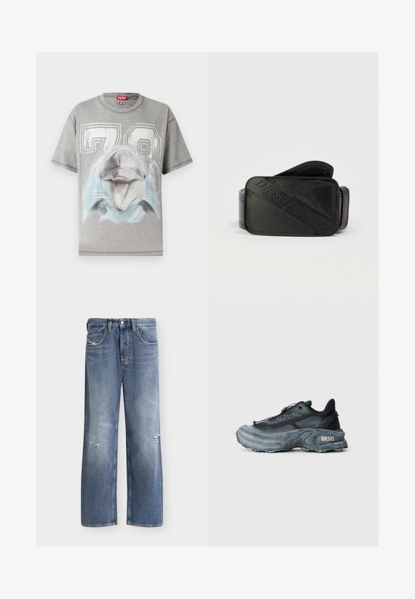 T-shirt gris à manches courtes avec un grand imprimé blanc "78" et un graphisme détaillé d'une tête de dauphin souriante à l'avant.; Jean bleu droit avec légère usure aux deux jambes, poches avant, passants de ceinture et fermeture par bouton.; Baskets Diesel noires et grises avec semelle épaisse, système de laçage à bascule et design texturé sur fond gris clair uni.; Ceinture noire présentant un design texturé avec un logo en relief bien visible. Le matériau semble lisse avec une finition en cuir.