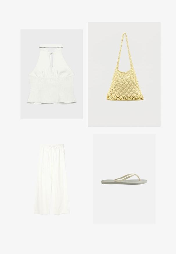 Witte mouwloze haltertop met een keyhole-halslijn en striksluiting, voorzien van een getailleerde taille en een licht uitlopende zoom.; Witte wijde broek met elastische tailleband en trekkoord, gemaakt van lichtgewicht stof.; Enkele ecru rubberen teenslipper met dunne bandjes en een gestructureerd voetbed, zijaanzicht op een effen achtergrond.; Gele macramé net tas met lange band en beige tasje erin, getoond op een effen witte achtergrond.