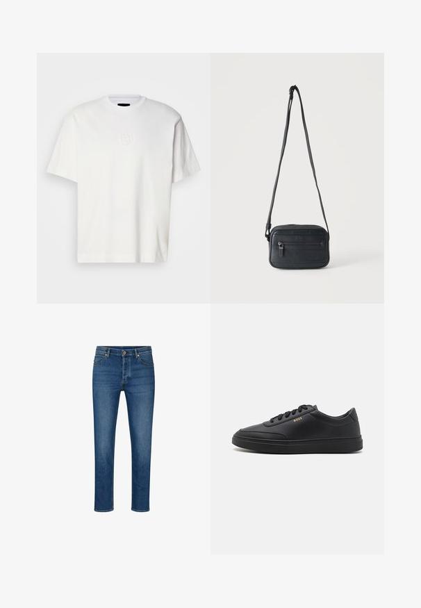 Weißes Baumwoll-T-Shirt mit Rundhalsausschnitt, kurzen Ärmeln und geprägtem kreisförmigem Logo auf der linken Brust. Glatte Textur und normale Passform.; Blaue Denim-Jeans mit geradem Schnitt, ausgestattet mit fünf Taschen, Gürtelschlaufen und einem Knopfverschluss. Leichte Abnutzungsspuren und kontrastierende Nähte.; Schwarze Leder-Sneaker mit glatter Textur, runder Zehenpartie, flacher Gummisohle und einfarbigen Schnürsenkeln. Mit goldfarbenem "BOSS" Logo an der Seite.; Schwarze Umhängetasche mit vorderer Reißverschlusstasche, strukturierter Oberfläche und verstellbarem Riemen, die vor einem schlichten hellen Hintergrund hängt.