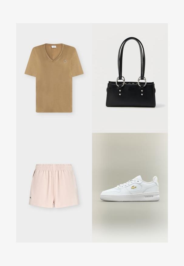 T-shirt beige manches courtes à col en V avec petit logo vert Lacoste sur la poitrine gauche, posé à plat sur fond blanc.; Shorts pour femme rose clair avec taille élastique, motif géométrique subtil, poches latérales et petit logo vert brodé sur la jambe gauche.; Baskets Lacoste basses blanches avec logo doré sur le côté, lacets blancs et semelle en caoutchouc sur un fond neutre.; Sac à main rectangulaire noir avec double poignée, ferrures anneaux argentés et logo embossé discret sur le devant, sur fond blanc.