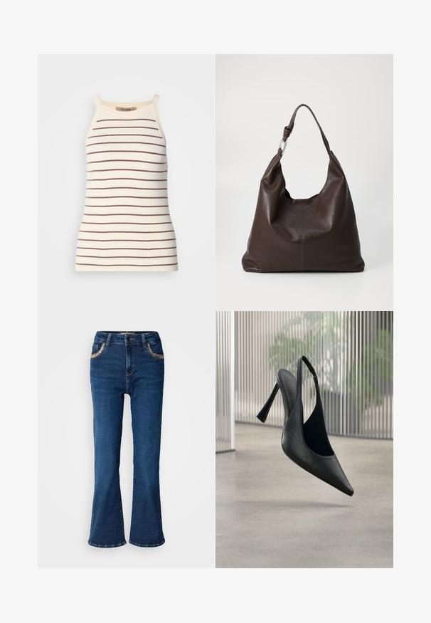 Ribbet tanktop i creme med vandrette brune striber. Har brede stropper og en tætsiddende silhuet. Etiketten er synlig ved halsudskæringen.; Mørkeblå brede jeans med en glat denimoverflade, kontrasterende gyldne syninger og forlommer. Klassisk fem-lomme design.; Sort læder slingback stilet hælsko med spids tå, svævende over en glat beton gulv og vertikal metal panel baggrund.; Zign by Zalando LEATHER - Shopping bags - chocolate brown
