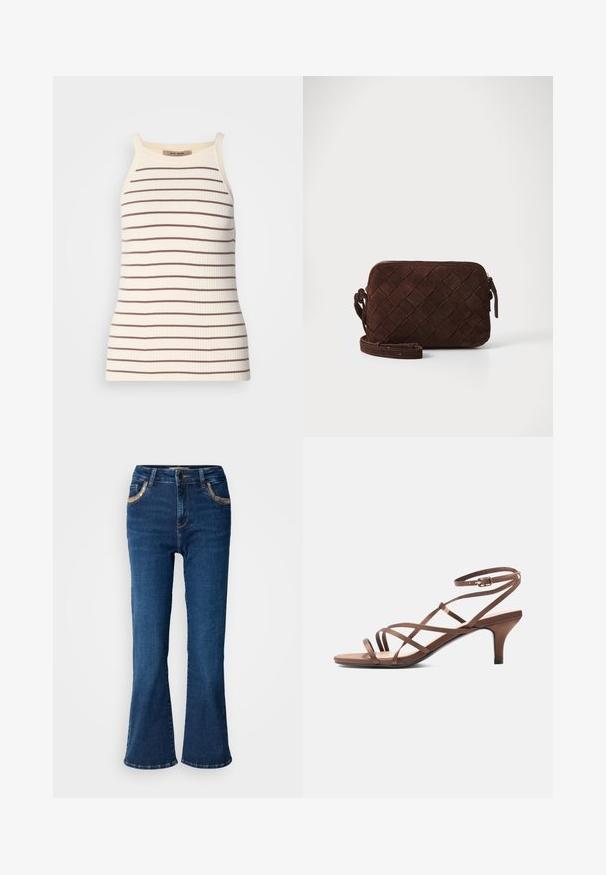 Rippiges Tanktop in Creme mit horizontalen braunen Streifen. Verfügt über breite Träger und eine figurnahe Silhouette. Etikett am Hals sichtbar.; Dunkelblaue ausgestellte Jeans mit einer glatten Denim-Oberfläche, kontrastierender goldener Naht und Akzenten an den Fronttaschen. Klassisches Fünf-Taschen-Design.; Braune Sandale mit dünnen Riemen, einer Schnalle am Knöchel und mittelhohem Absatz, seitlich auf weißem Hintergrund gezeigt.; Braune Wildleder-Crossbody-Tasche mit einem gewebten Design, Reißverschluss und verstellbarem Riemen. Hat eine schlanke, rechteckige Form.