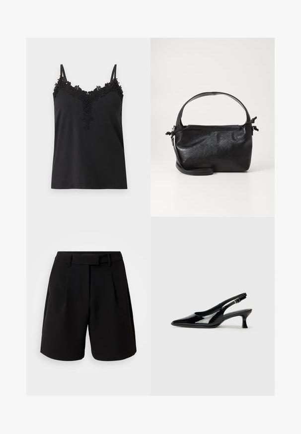Haut noir sans manches avec fines bretelles et bordure en dentelle florale le long de l'encolure et au centre devant.; Shorts noirs ajustés, en tissu lisse, avec une taille haute, des plis, des passants de ceinture et des poches latérales, au design épuré.; Escarpins en cuir verni noir avec un bout pointu et un petit talon carré. Sangle réglable à la cheville avec boucle.; Sac à main en cuir noir au design structuré, avec une poignée arrondie et une bandoulière amovible. Présente une texture lisse et un éclat subtil.